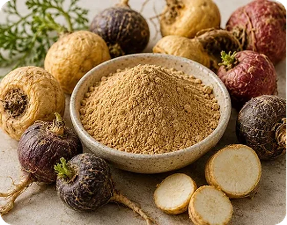 Dried maca root and its powder. The tubers are the recognisable part — yellow through to deep purple.